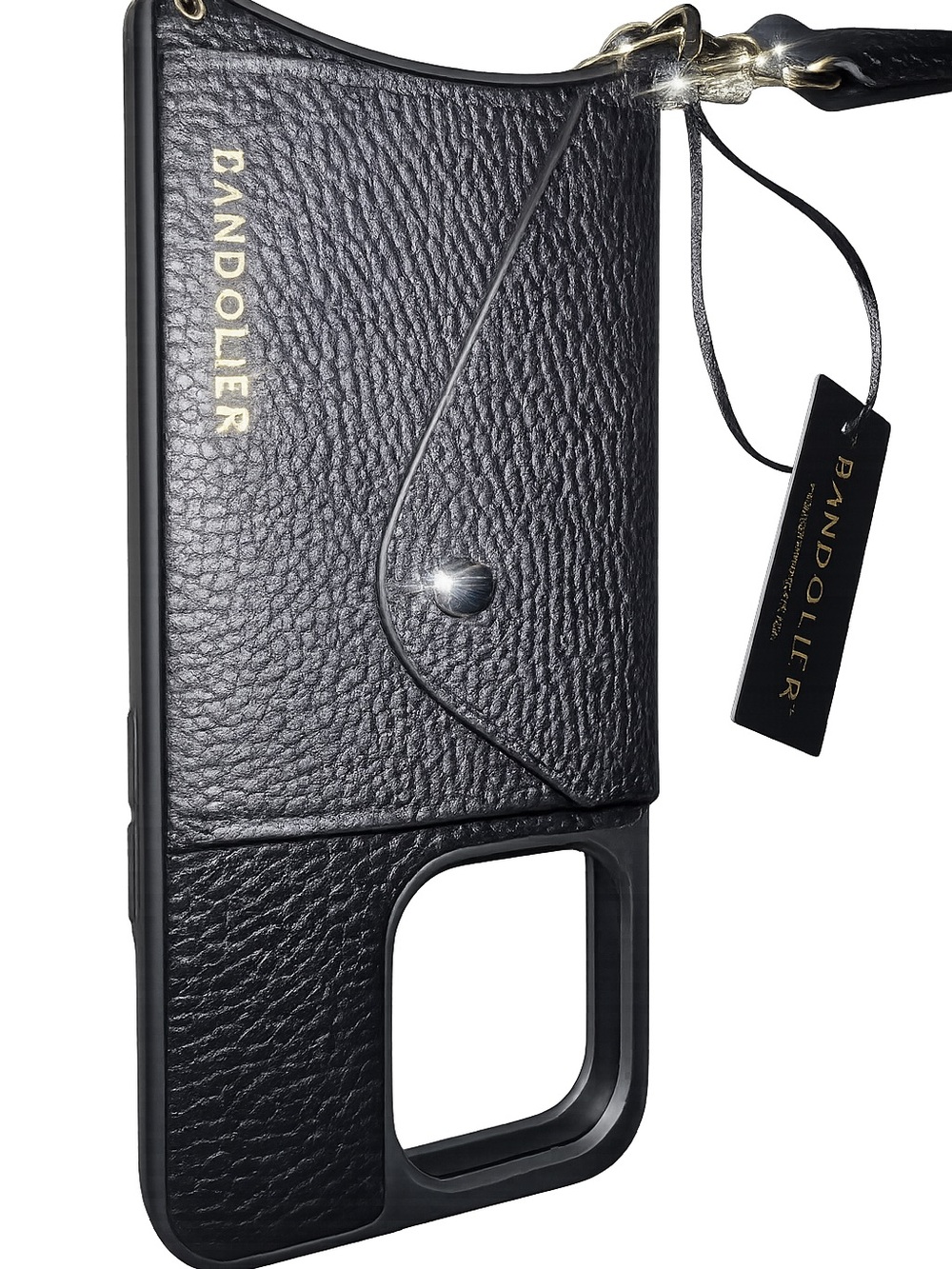 Bandolier Black Leather Crossbody Phone Case with Card Pocket and Strap - Picture 2 of 5